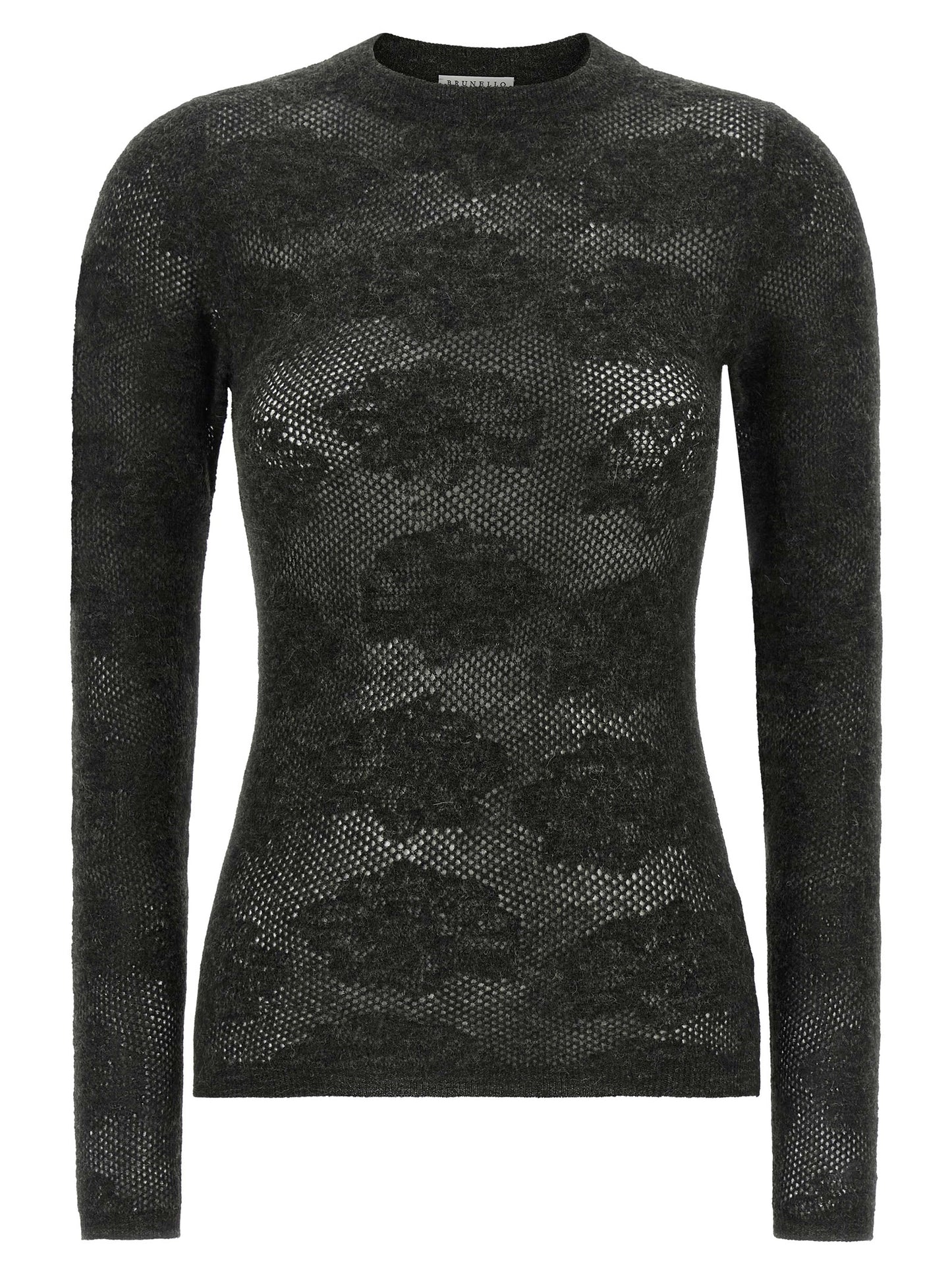 Cardigan by Brunello Cucinelli for women in silk & alpaca wool gray, transparent & floral features a nuanced silhouette with a refined crew neckline and nuanced long-sleeve detailing for a sophisticated look.