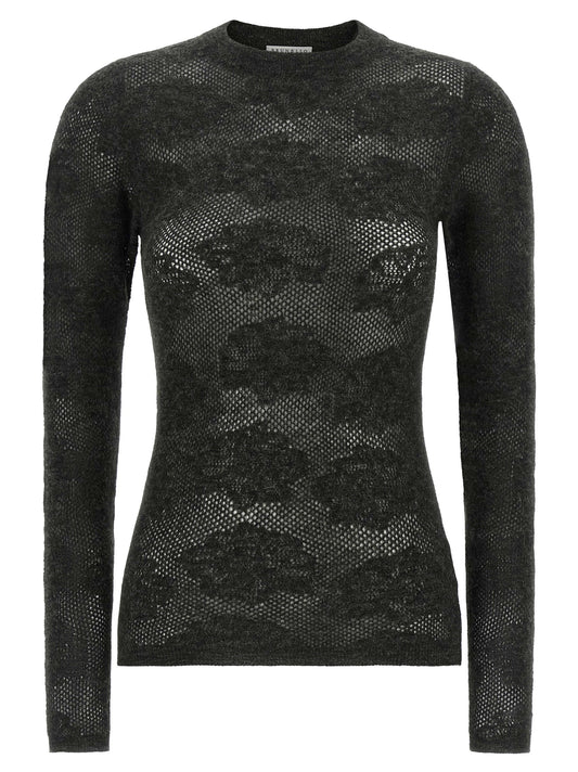 Cardigan by Brunello Cucinelli for women in silk & alpaca wool gray, transparent & floral features a nuanced silhouette with a refined crew neckline and nuanced long-sleeve detailing for a sophisticated look.