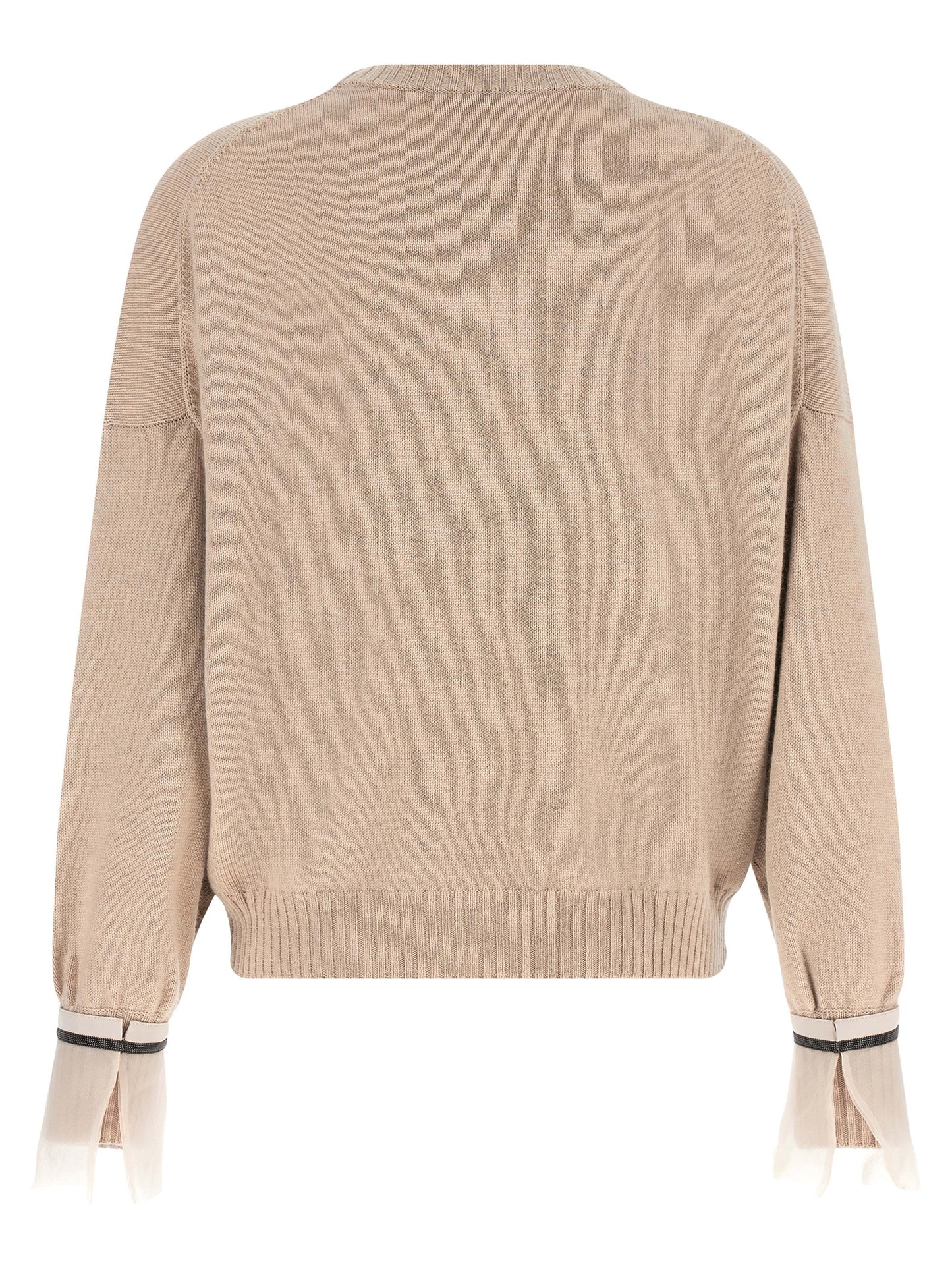Cardigan by Brunello Cucinelli for women in cashmere & silk beige & signature showcases a luxurious silhouette, meticulously detailed with a sophisticated crew neckline and for a refined finish.