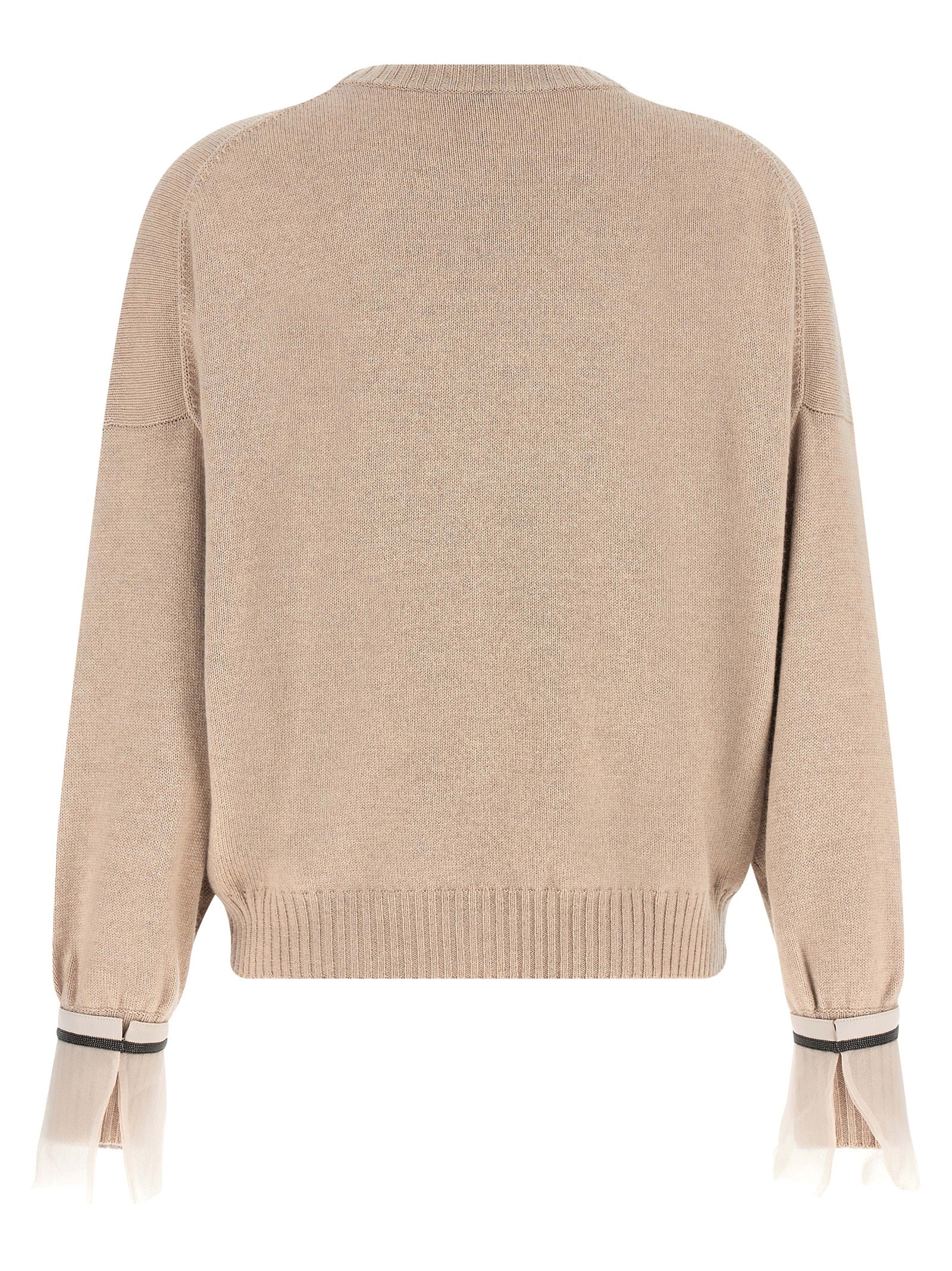 Cardigan by Brunello Cucinelli for women in cashmere & silk beige & signature showcases a luxurious silhouette, meticulously detailed with a sophisticated crew neckline and for a refined finish.