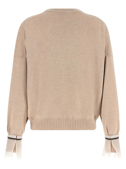 Cardigan by Brunello Cucinelli for women in cashmere & silk beige & signature showcases a luxurious silhouette, meticulously detailed with a sophisticated crew neckline and for a refined finish.