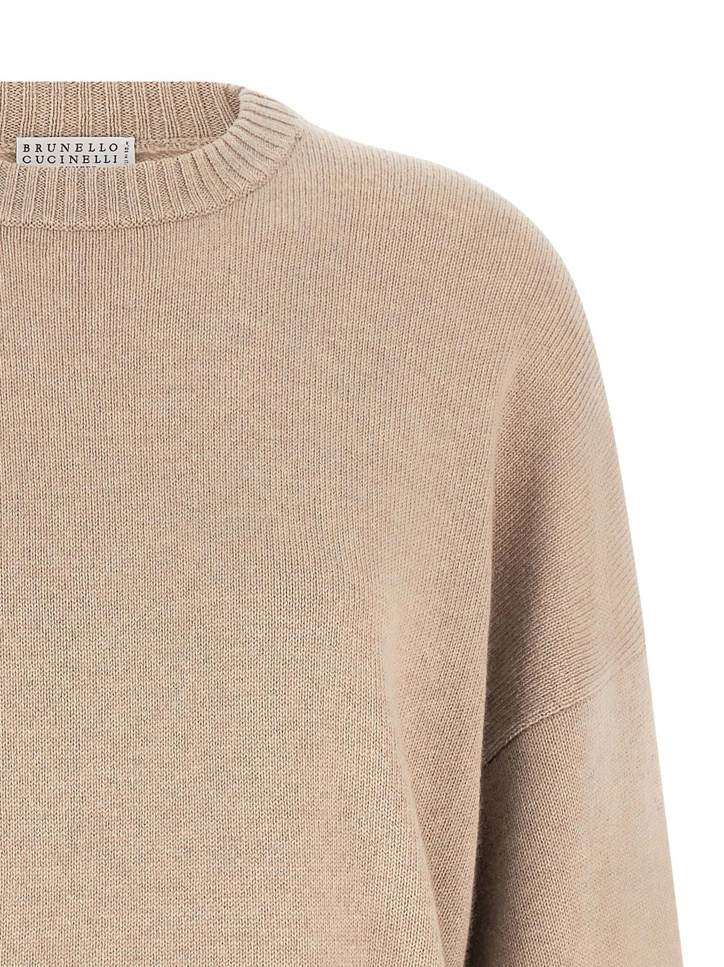 Cardigan by Brunello Cucinelli for women in cashmere & silk beige & signature features a dramatic silhouette, showcasing a sophisticated crew neckline and dramatic detail for a timeless, premium look.