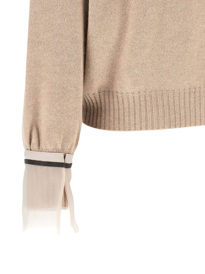Cardigan by Brunello Cucinelli for women in cashmere & silk beige & signature presents a textural silhouette, artfully finished with a textural and for a sophisticated, textural look.