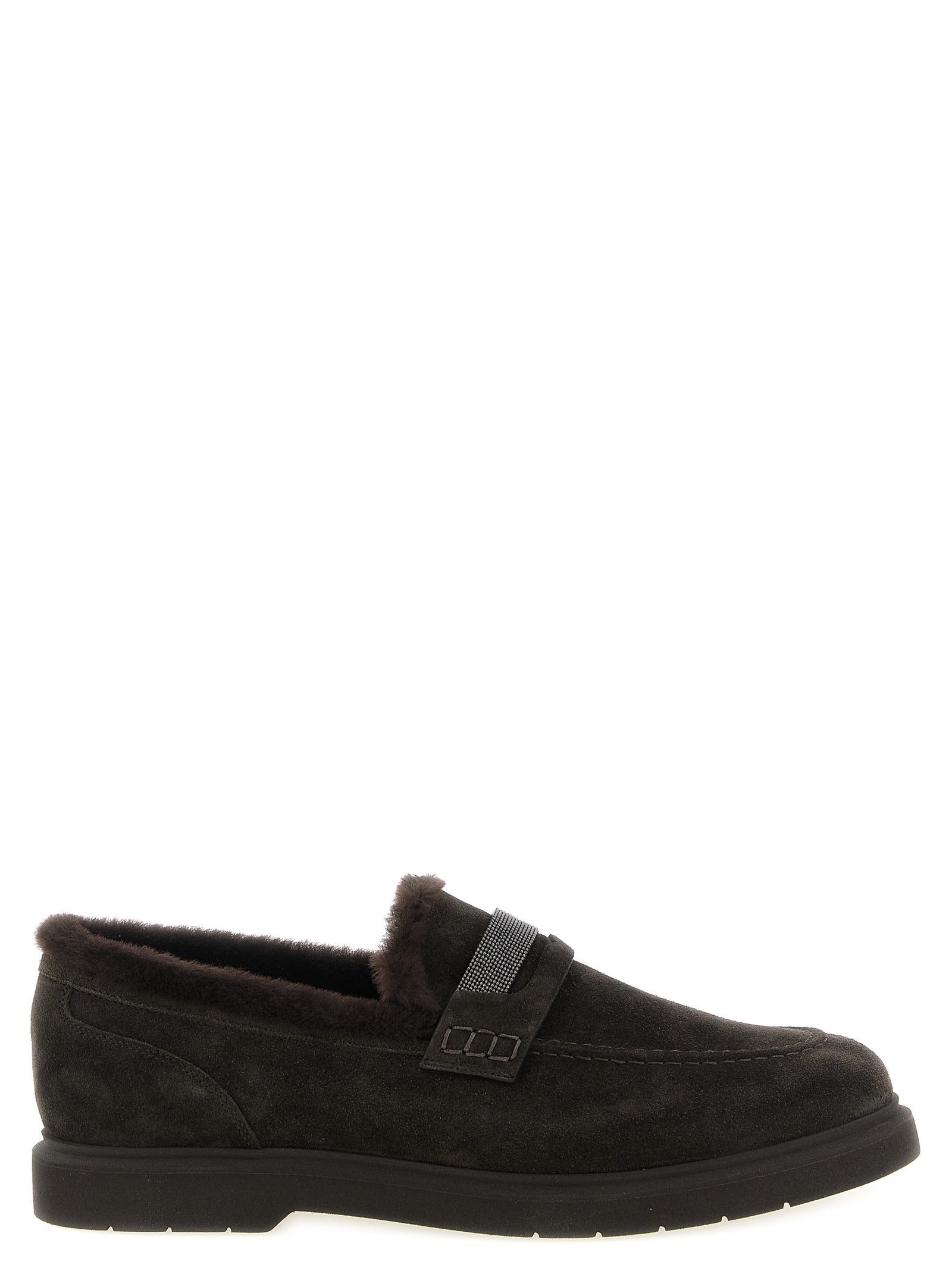 Flat Loafer Slip-On Winter Shoes by Brunello Cucinelli for women in suede calfskin leather brown features an effortless chic silhouette, showcasing the Monile Women's Suede Calfskin Leather Flat Loafer Slip-On Winter Shoes design with an effortless chic flat and a round toe style for a effortless chic look.