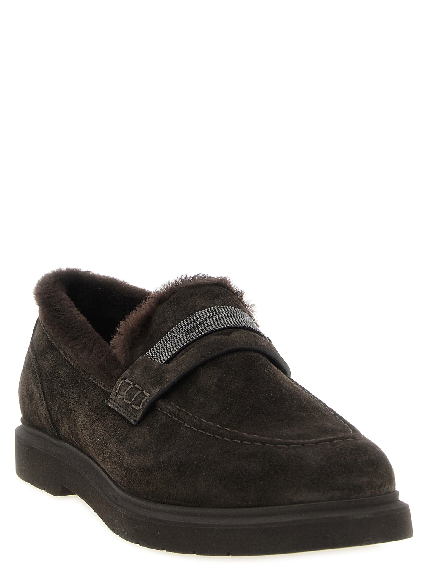 Flat Loafer Slip-On Winter Shoes by Brunello Cucinelli for women in suede calfskin leather brown features an dynamic silhouette from the Monile Women's Suede Calfskin Leather Flat Loafer Slip-On Winter Shoes collection, defined by a dynamic round toe style and flat for a dynamic look.