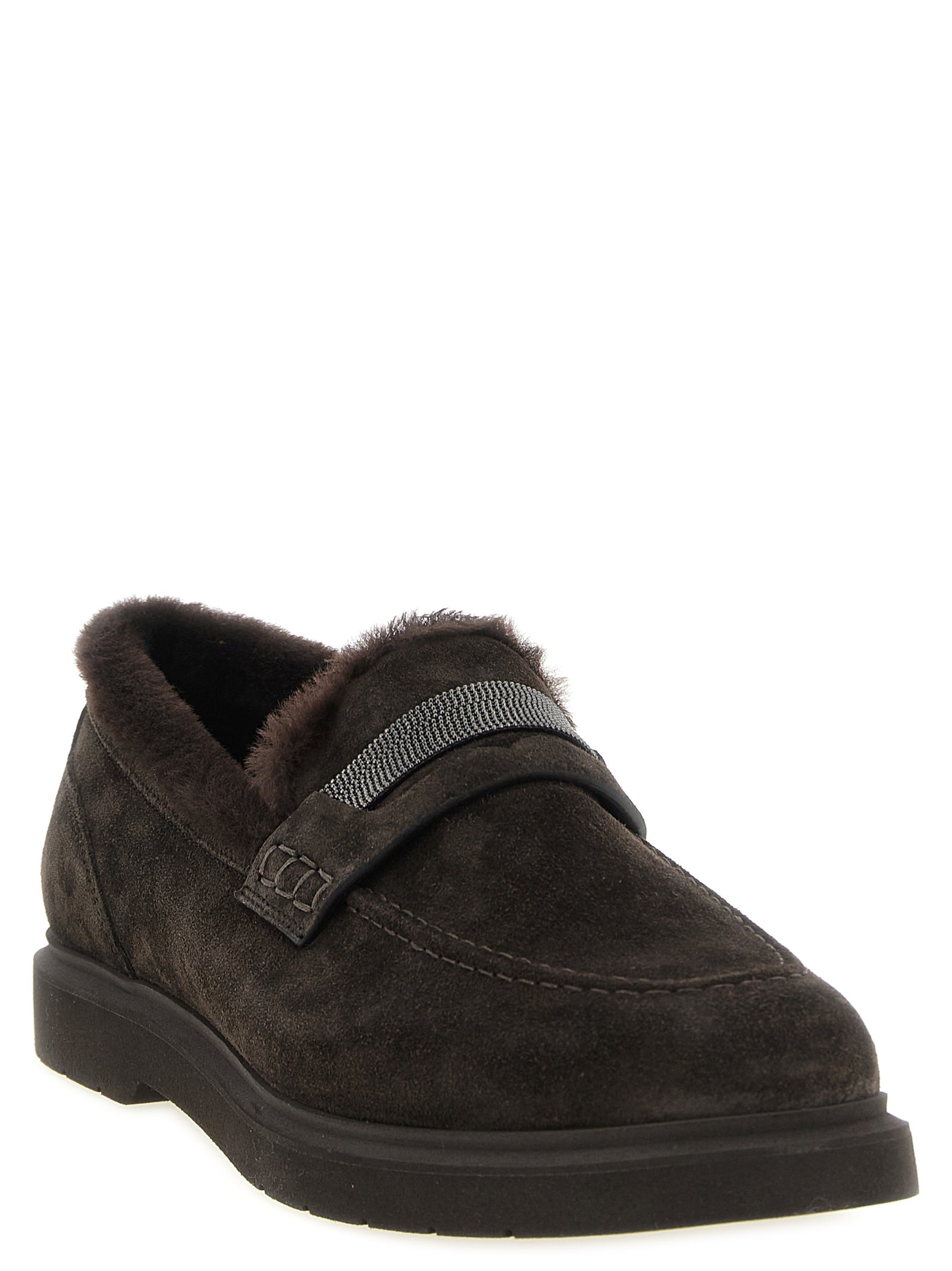 Flat Loafer Slip-On Winter Shoes by Brunello Cucinelli for women in suede calfskin leather brown features an dynamic silhouette from the Monile Women's Suede Calfskin Leather Flat Loafer Slip-On Winter Shoes collection, defined by a dynamic round toe style and flat for a dynamic look.