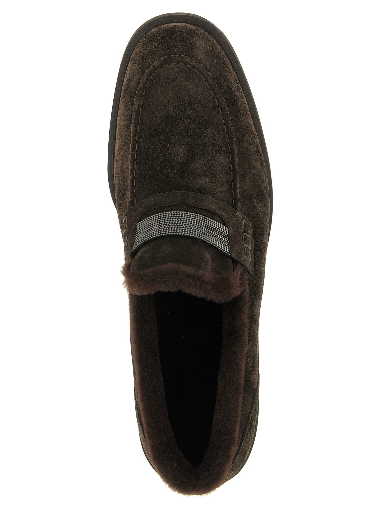 This Flat Loafer Slip-On Winter Shoes by Brunello Cucinelli for women in suede calfskin leather brown features an exquisite silhouette from the Monile Women's Suede Calfskin Leather Flat Loafer Slip-On Winter Shoes collection, defined by a sophisticated flat and elegant round toe style.