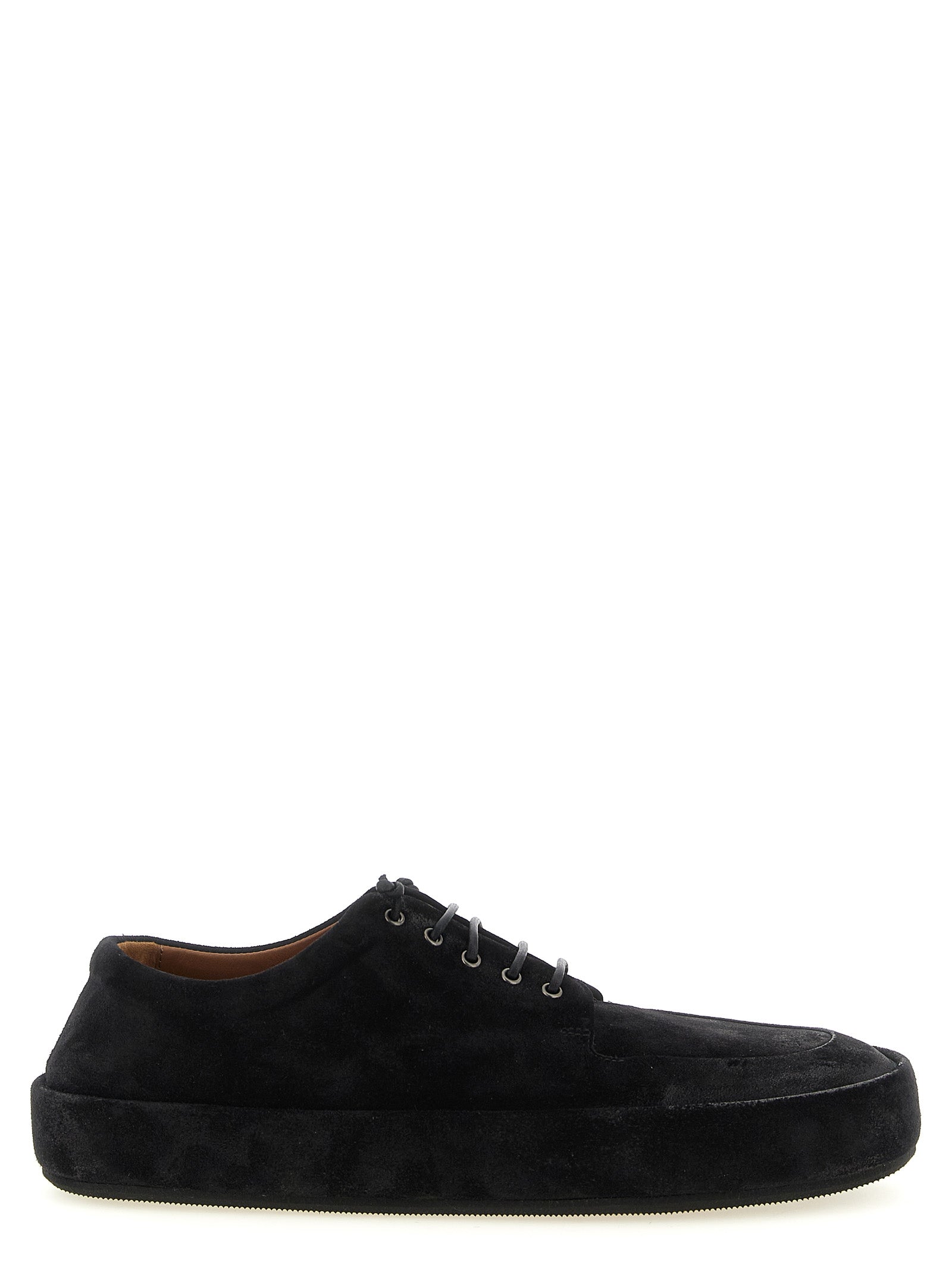 Moccasin Moccasins Lace-Up Shoes by Marsell for men in calfskin suede leather black features an dynamic silhouette from the Men's Calfskin Suede Leather Moccasin Moccasins Lace-Up Shoes collection, defined by a dynamic and for a dynamic look.