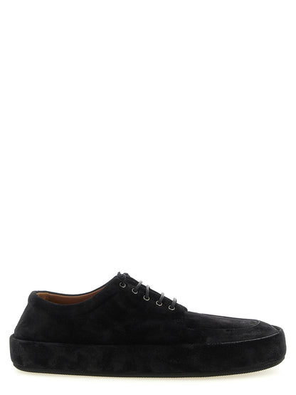 Moccasin Moccasins Lace-Up Shoes by Marsell for men in calfskin suede leather black features an dynamic silhouette from the Men's Calfskin Suede Leather Moccasin Moccasins Lace-Up Shoes collection, defined by a dynamic and for a dynamic look.