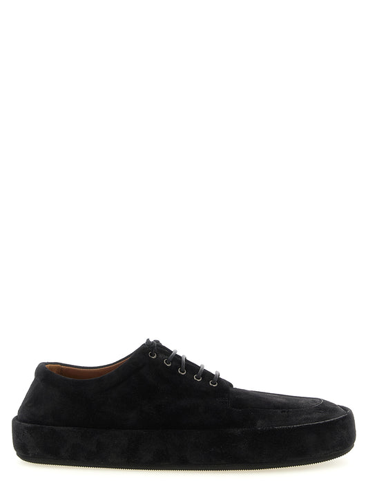 Moccasin Moccasins Lace-Up Shoes by Marsell for men in calfskin suede leather black features an dynamic silhouette from the Men's Calfskin Suede Leather Moccasin Moccasins Lace-Up Shoes collection, defined by a dynamic and for a dynamic look.