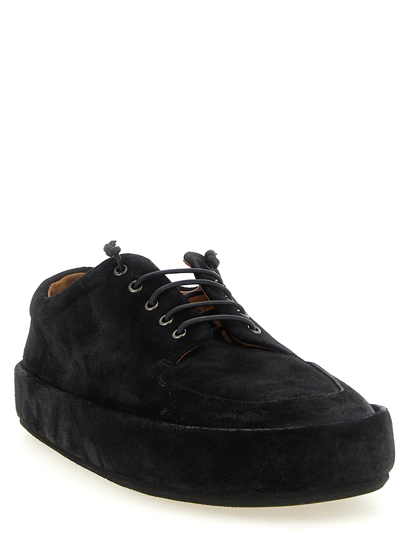 Moccasin Moccasins Lace-Up Shoes by Marsell for men in calfskin suede leather black features an effortless chic silhouette, showcasing the Men's Calfskin Suede Leather Moccasin Moccasins Lace-Up Shoes design with an effortless chic and a for a effortless chic look.