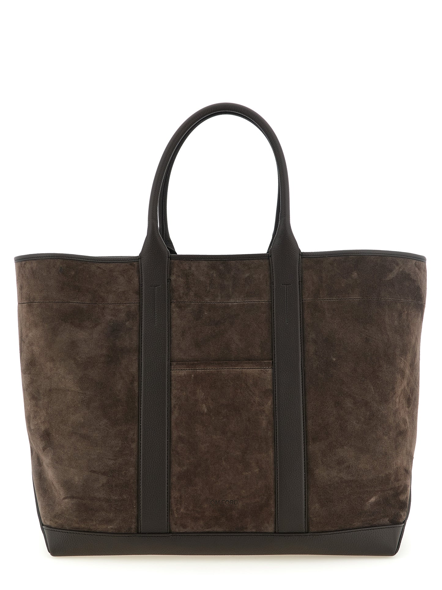 Large Pouch Tote Bag by Tom Ford for men in suede calfskin leather brown & silver showcases a urban-chic T Bar Suede Calfskin Leather Large Pouch Tote Bag design, featuring a secure , ample , and versatile handle for a urban-chic finish.