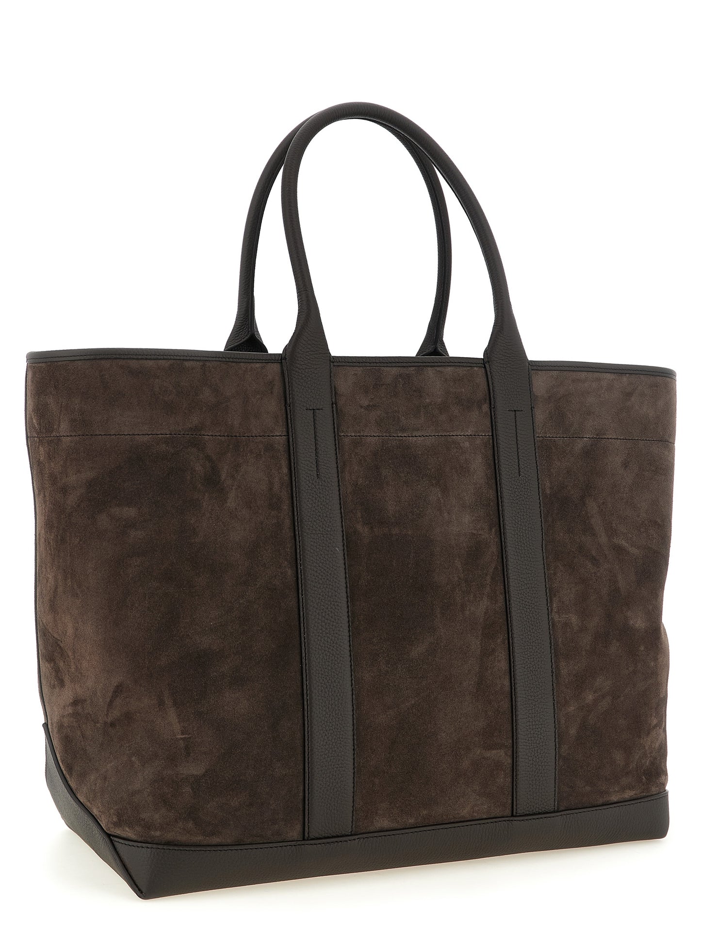 Large Pouch Tote Bag by Tom Ford for men in suede calfskin leather brown & silver features an utilitarian-chic silhouette, showcasing the T Bar Suede Calfskin Leather Large Pouch Tote Bag design with a secure , ample , and versatile handle.