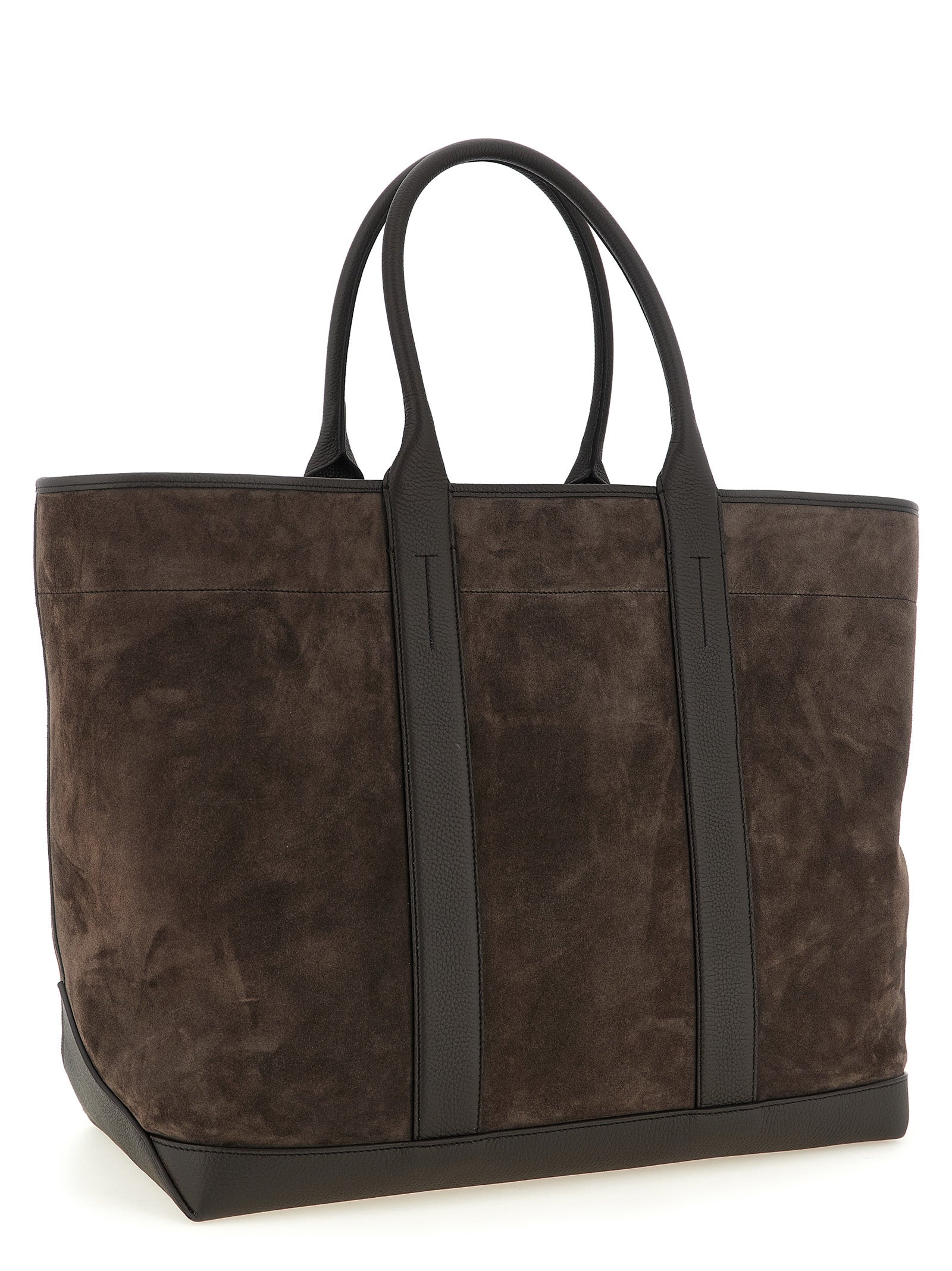 Large Pouch Tote Bag by Tom Ford for men in suede calfskin leather brown & silver features an utilitarian-chic silhouette, showcasing the T Bar Suede Calfskin Leather Large Pouch Tote Bag design with a secure , ample , and versatile handle.