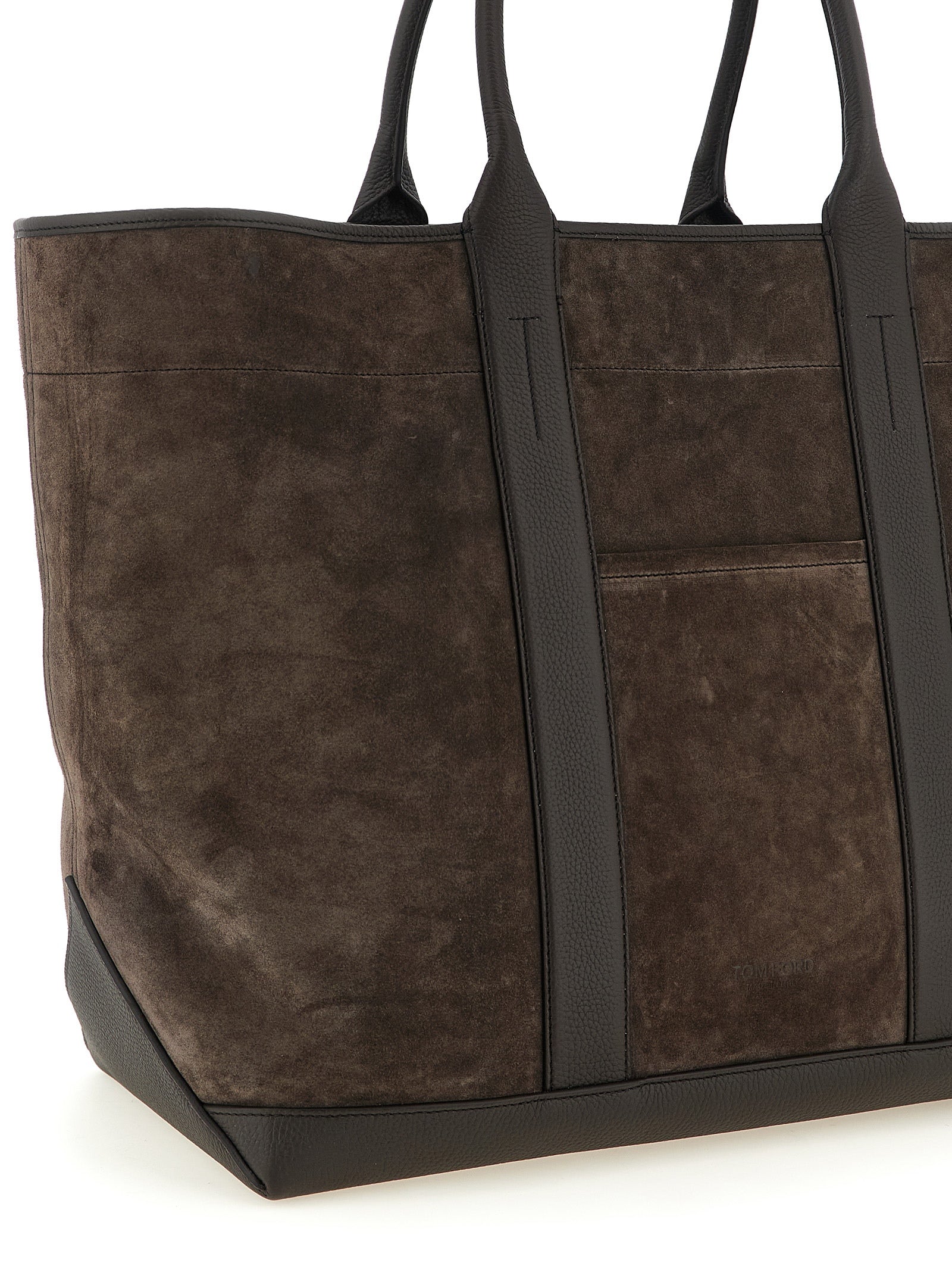 Large Pouch Tote Bag by Tom Ford for men in suede calfskin leather brown & silver features an sumptuous T Bar Suede Calfskin Leather Large Pouch Tote Bag design with a secure , ample , and versatile handle for an sumptuous finish.