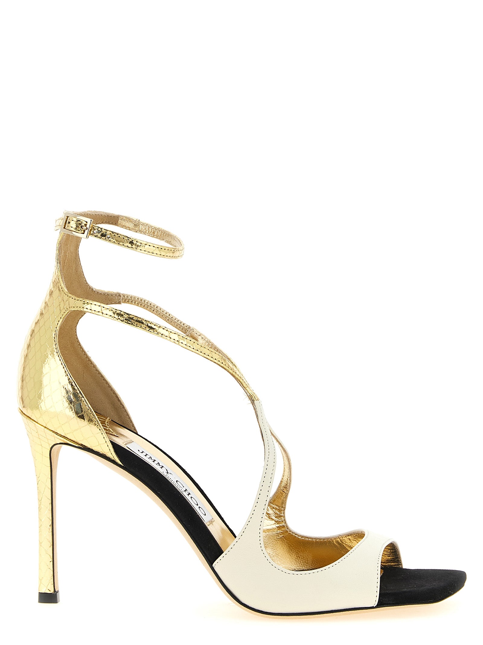 Stiletto Ankle Strap Sandals by Jimmy Choo for women in leather & metal cream, gold, multicolor & print presents a sculptural silhouette, showcasing the Women's Leather & Metal Stiletto Ankle Strap Sandals design with a sculptural stiletto and square toe style for a premium look.