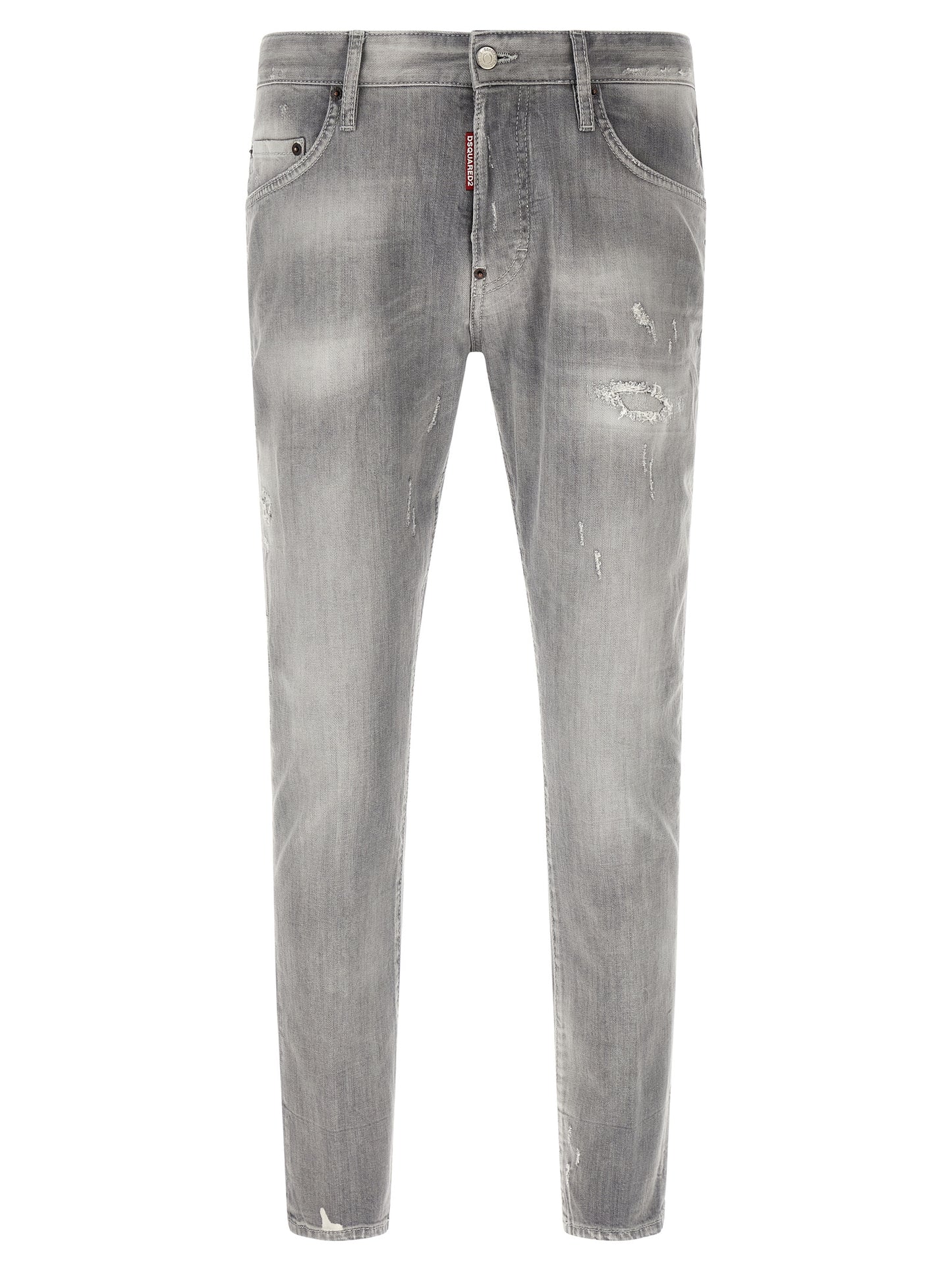 Jeans by Dsquared² for men in denim cotton gray, green, olive & red features an sartorial tapered-leg & slim and long with a cut for a sartorial finish.