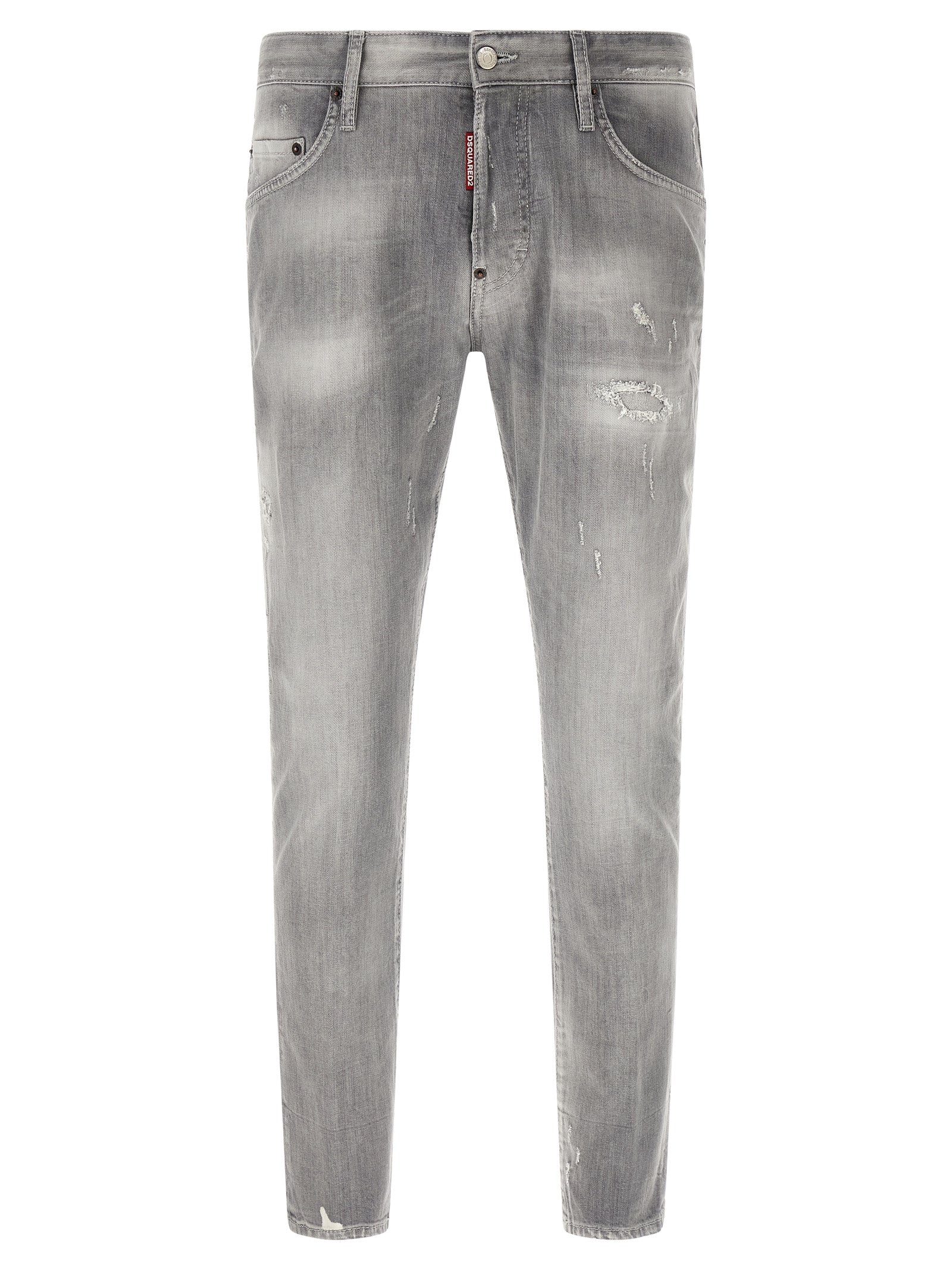 Jeans by Dsquared² for men in denim cotton gray, green, olive & red features an sartorial tapered-leg & slim and long with a cut for a sartorial finish.