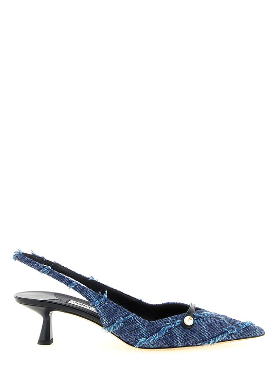 Mid-Heel Slingback Pumps Heels by Jimmy Choo for women in denim & patent leather multicolor, navy, pearl & monogram features an effortlessly chic silhouette from the Play Women's Denim & Patent Leather Mid-Heel Slingback Pumps Heels collection, showcasing a mid-heel and effortlessly chic pointed toe style for a effortlessly chic look.