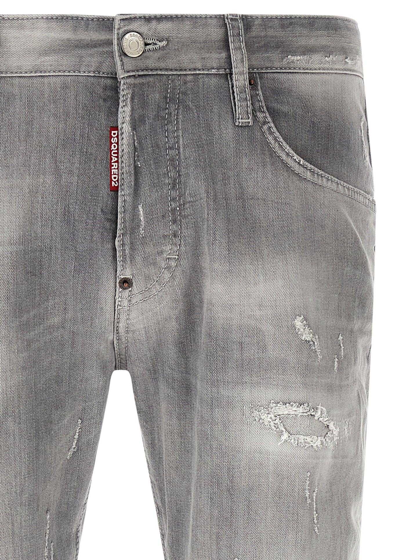Jeans by Dsquared² for men in denim cotton gray, green, olive & red features a polished silhouette with a polished tapered-leg & slim, reaching a polished long and finished with a polished .