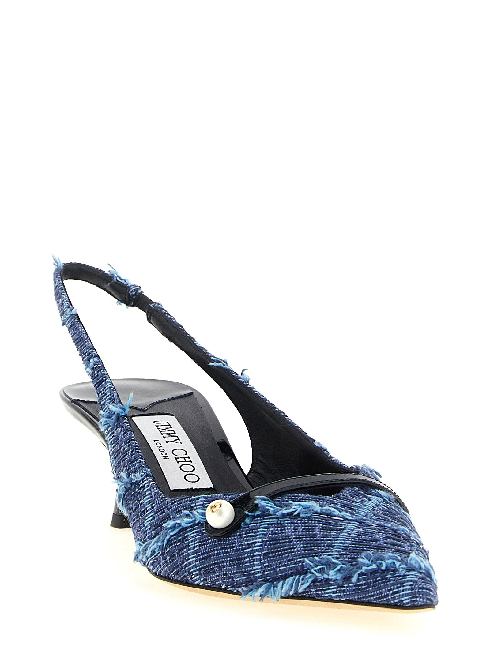Mid-Heel Slingback Pumps Heels by Jimmy Choo for women in denim & patent leather and multicolor, navy, pearl & monogram showcases a effortlessly elegant silhouette as Play Women's Denim & Patent Leather Mid-Heel Slingback Pumps Heels, featuring a effortlessly elegant mid-heel and a effortlessly elegant pointed toe style for an elegant look.