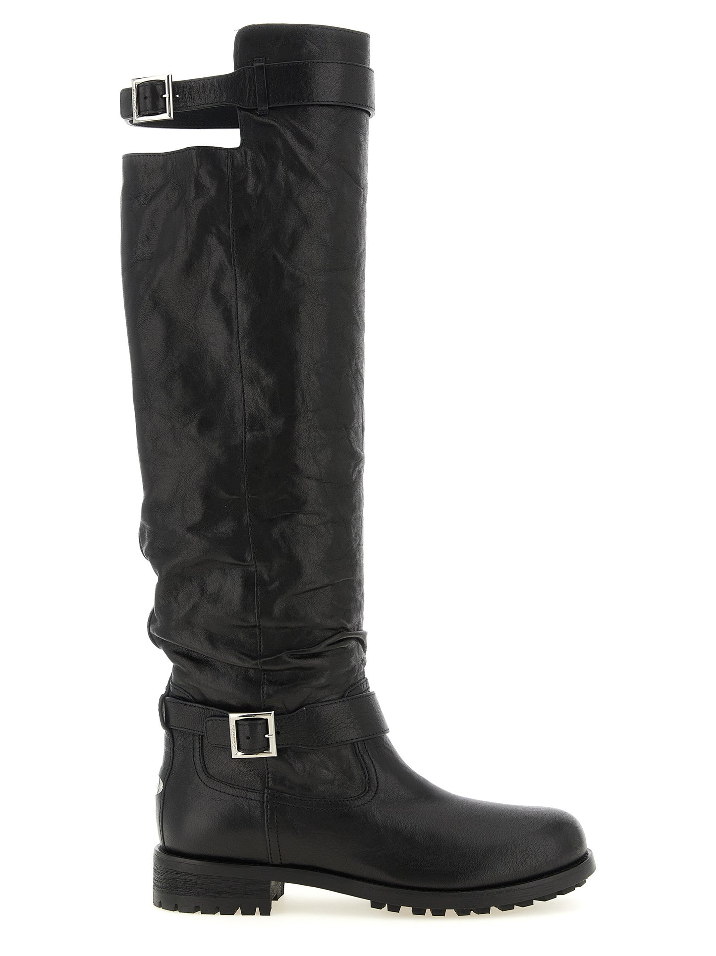 Ankle Biker Cut-Out High Knee-High Over-The-Knee Strap Boots by Jimmy Choo for women in leather & metal black & silver features an dynamic silhouette, showcasing the dynamic Women's Leather & Metal Ankle Biker Cut-Out High Knee-High Over-The-Knee Strap Boots design with its distinctive and elegant .