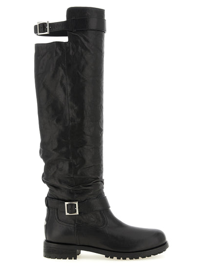 Ankle Biker Cut-Out High Knee-High Over-The-Knee Strap Boots by Jimmy Choo for women in leather & metal black & silver features an dynamic silhouette, showcasing the dynamic Women's Leather & Metal Ankle Biker Cut-Out High Knee-High Over-The-Knee Strap Boots design with its distinctive and elegant .