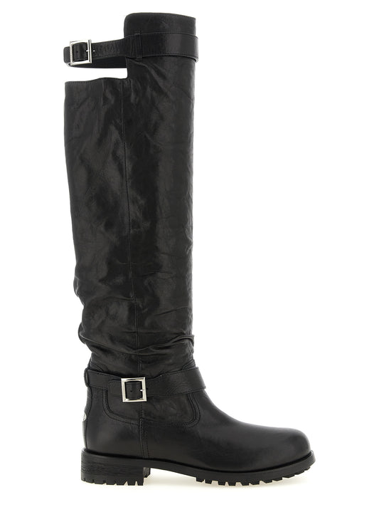 Ankle Biker Cut-Out High Knee-High Over-The-Knee Strap Boots by Jimmy Choo for women in leather & metal black & silver features an dynamic silhouette, showcasing the dynamic Women's Leather & Metal Ankle Biker Cut-Out High Knee-High Over-The-Knee Strap Boots design with its distinctive and elegant .