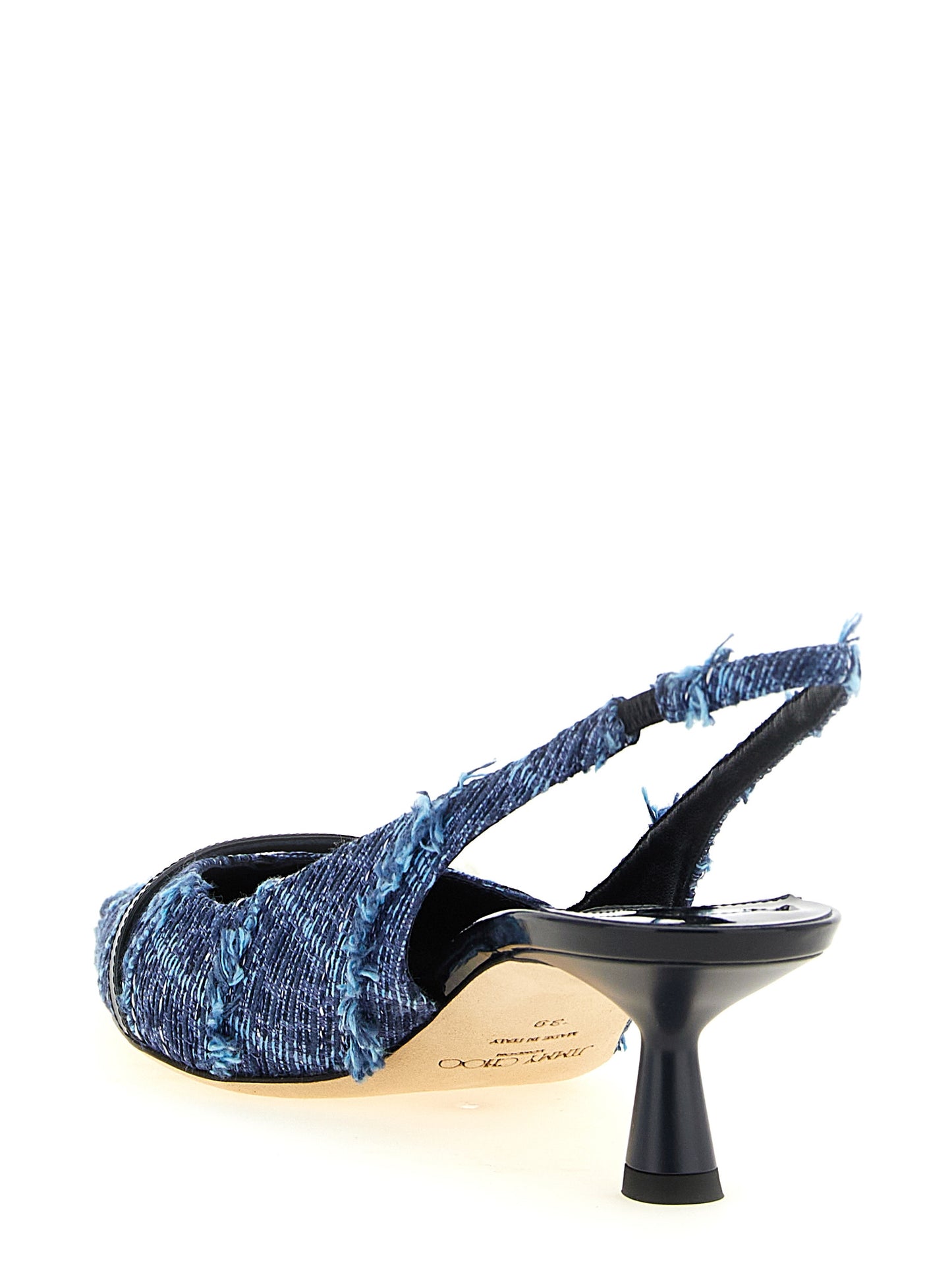Mid-Heel Slingback Pumps Heels by Jimmy Choo for women in denim & patent leather multicolor, navy, pearl & monogram features a effortlessly chic Play Women's Denim & Patent Leather Mid-Heel Slingback Pumps Heels design with a sophisticated mid-heel and elegant pointed toe style.