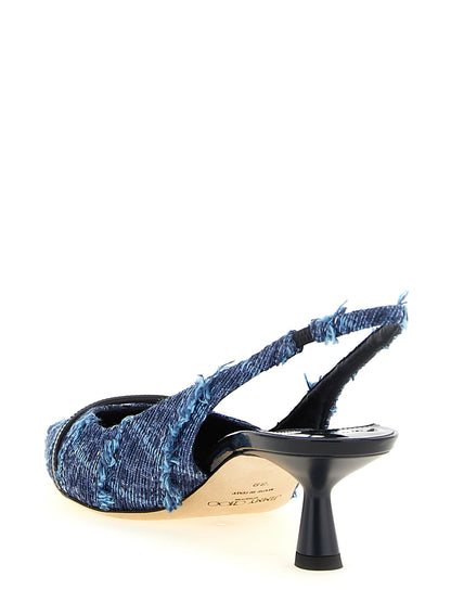 Mid-Heel Slingback Pumps Heels by Jimmy Choo for women in denim & patent leather multicolor, navy, pearl & monogram features a effortlessly chic Play Women's Denim & Patent Leather Mid-Heel Slingback Pumps Heels design with a sophisticated mid-heel and elegant pointed toe style.