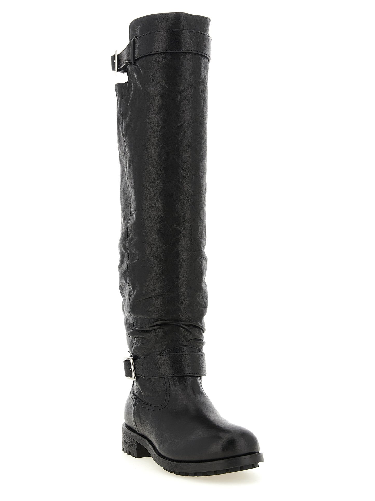 Ankle Biker Cut-Out High Knee-High Over-The-Knee Strap Boots by Jimmy Choo for women in leather & metal black & silver features an high-performance silhouette, showcasing the sophisticated design of the Women's Leather & Metal Ankle Biker Cut-Out High Knee-High Over-The-Knee Strap Boots with a and a refined .