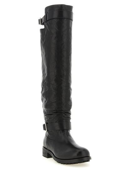 Ankle Biker Cut-Out High Knee-High Over-The-Knee Strap Boots by Jimmy Choo for women in leather & metal black & silver features an high-performance silhouette, showcasing the sophisticated design of the Women's Leather & Metal Ankle Biker Cut-Out High Knee-High Over-The-Knee Strap Boots with a and a refined .