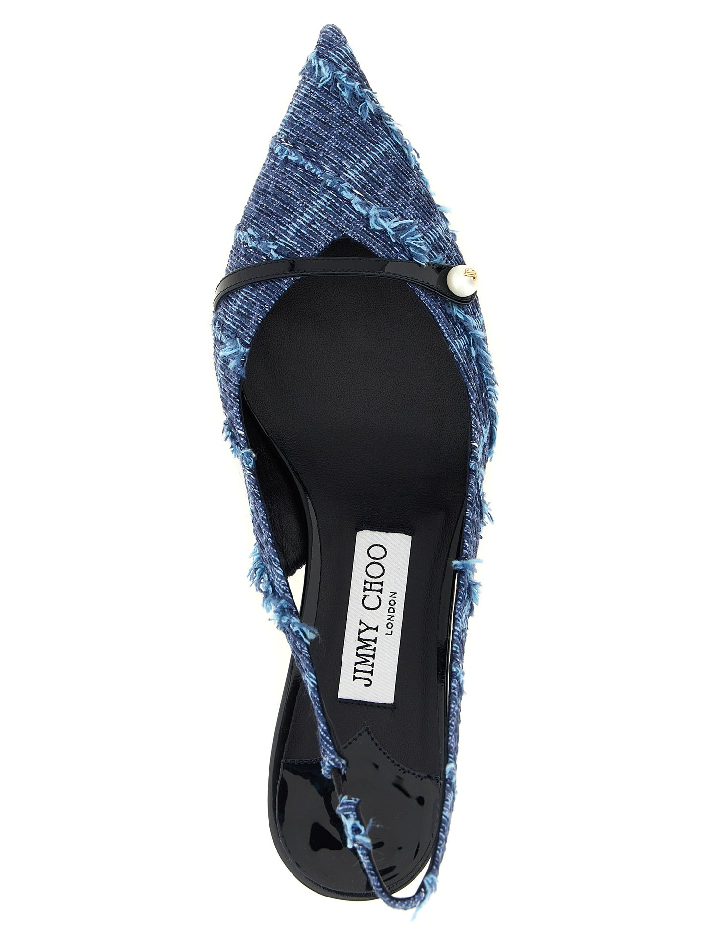 Mid-Heel Slingback Pumps Heels by Jimmy Choo for women in denim & patent leather multicolor, navy, pearl & monogram features an effortlessly chic silhouette from the Play Women's Denim & Patent Leather Mid-Heel Slingback Pumps Heels collection, showcasing a mid-heel and effortlessly chic pointed toe style for a effortlessly chic look.