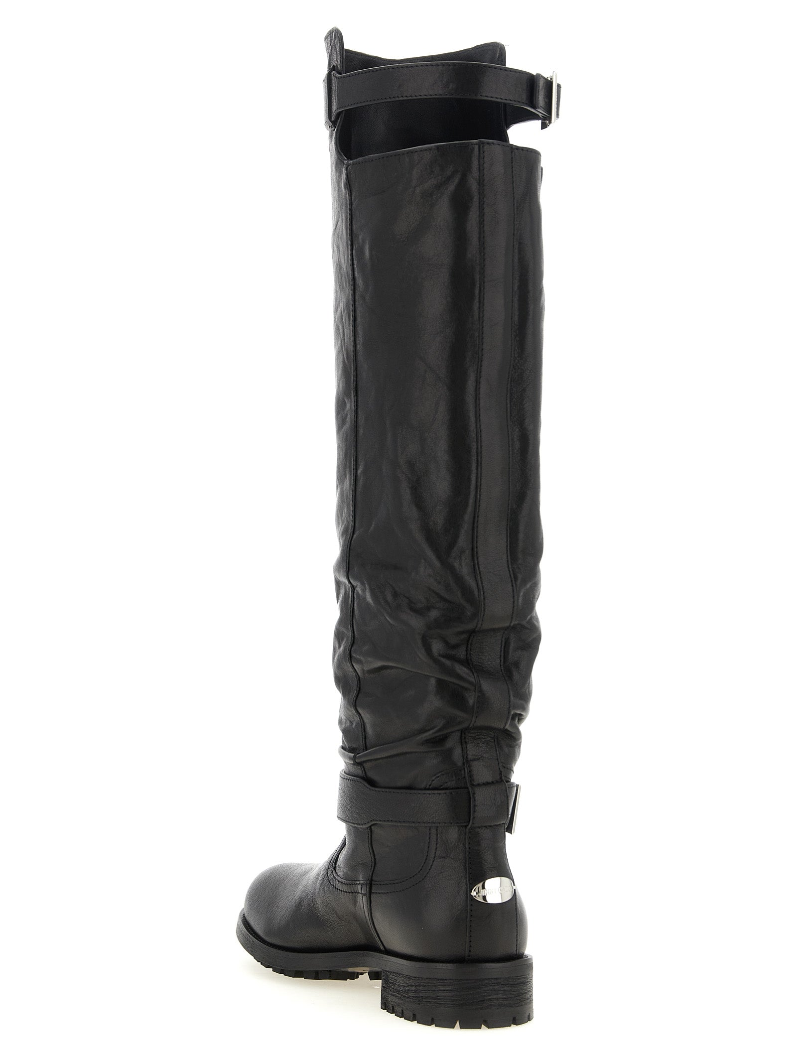 Ankle Biker Cut-Out High Knee-High Over-The-Knee Strap Boots by Jimmy Choo for women in leather & metal black & silver features an dynamic silhouette, showcasing the dynamic Women's Leather & Metal Ankle Biker Cut-Out High Knee-High Over-The-Knee Strap Boots design with its distinctive and elegant .