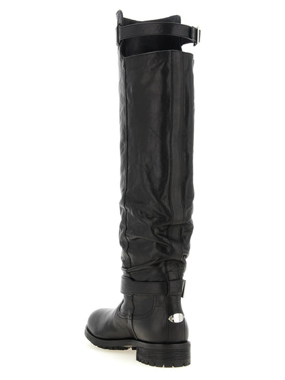 Ankle Biker Cut-Out High Knee-High Over-The-Knee Strap Boots by Jimmy Choo for women in leather & metal black & silver features an dynamic silhouette, showcasing the dynamic Women's Leather & Metal Ankle Biker Cut-Out High Knee-High Over-The-Knee Strap Boots design with its distinctive and elegant .
