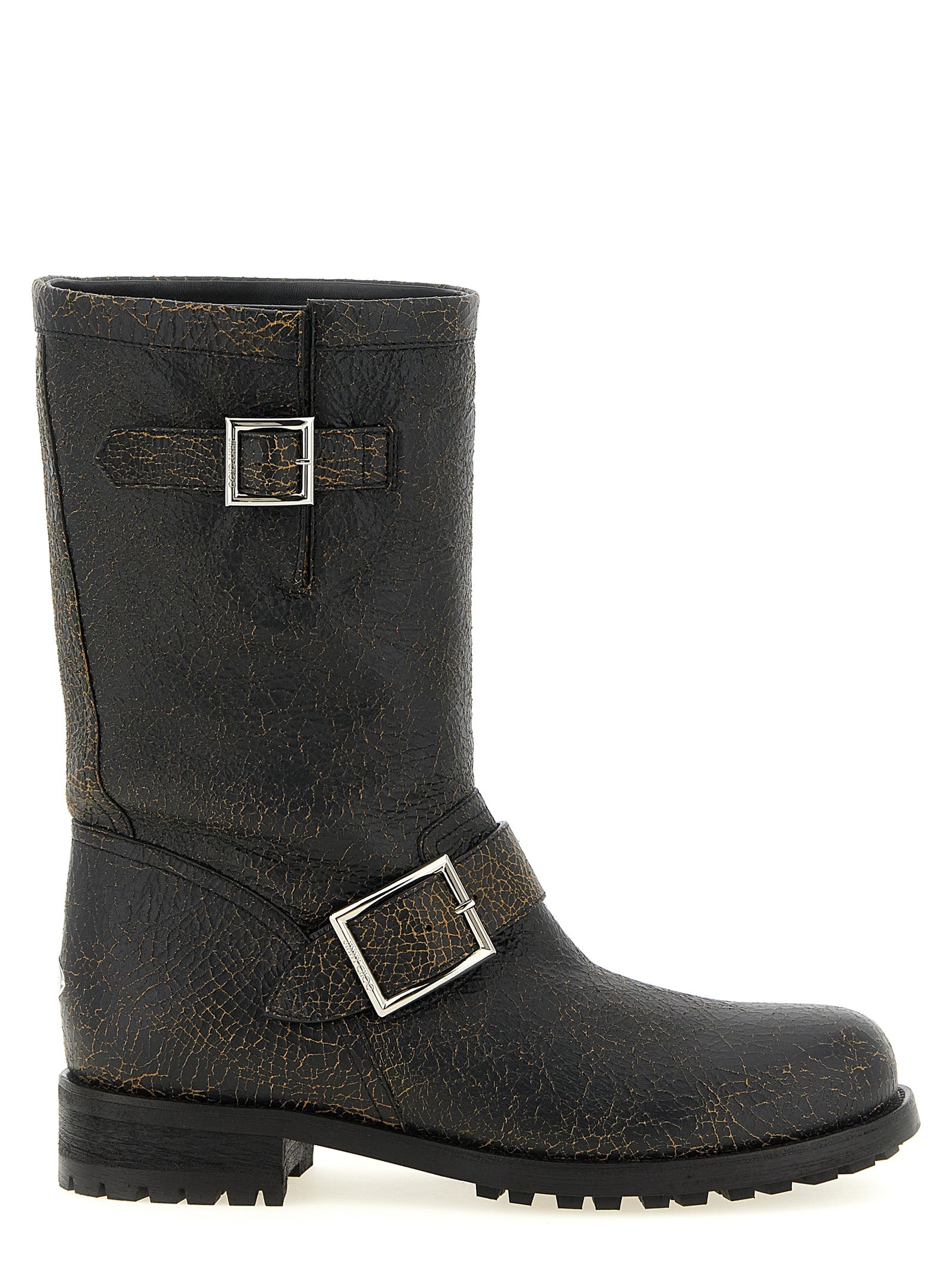 Low-Heel Ankle Biker Mid-Calf Boots by Jimmy Choo for women in calf leather black & silver features an effortless chic silhouette from the Women's Calf Leather Low-Heel Ankle Biker Mid-Calf Boots collection, showcasing a effortless chic low-heel and refined for an effortless chic look.