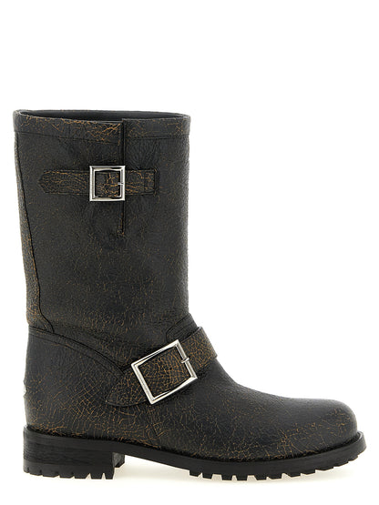 Low-Heel Ankle Biker Mid-Calf Boots by Jimmy Choo for women in calf leather black & silver features an effortless chic silhouette from the Women's Calf Leather Low-Heel Ankle Biker Mid-Calf Boots collection, showcasing a effortless chic low-heel and refined for an effortless chic look.