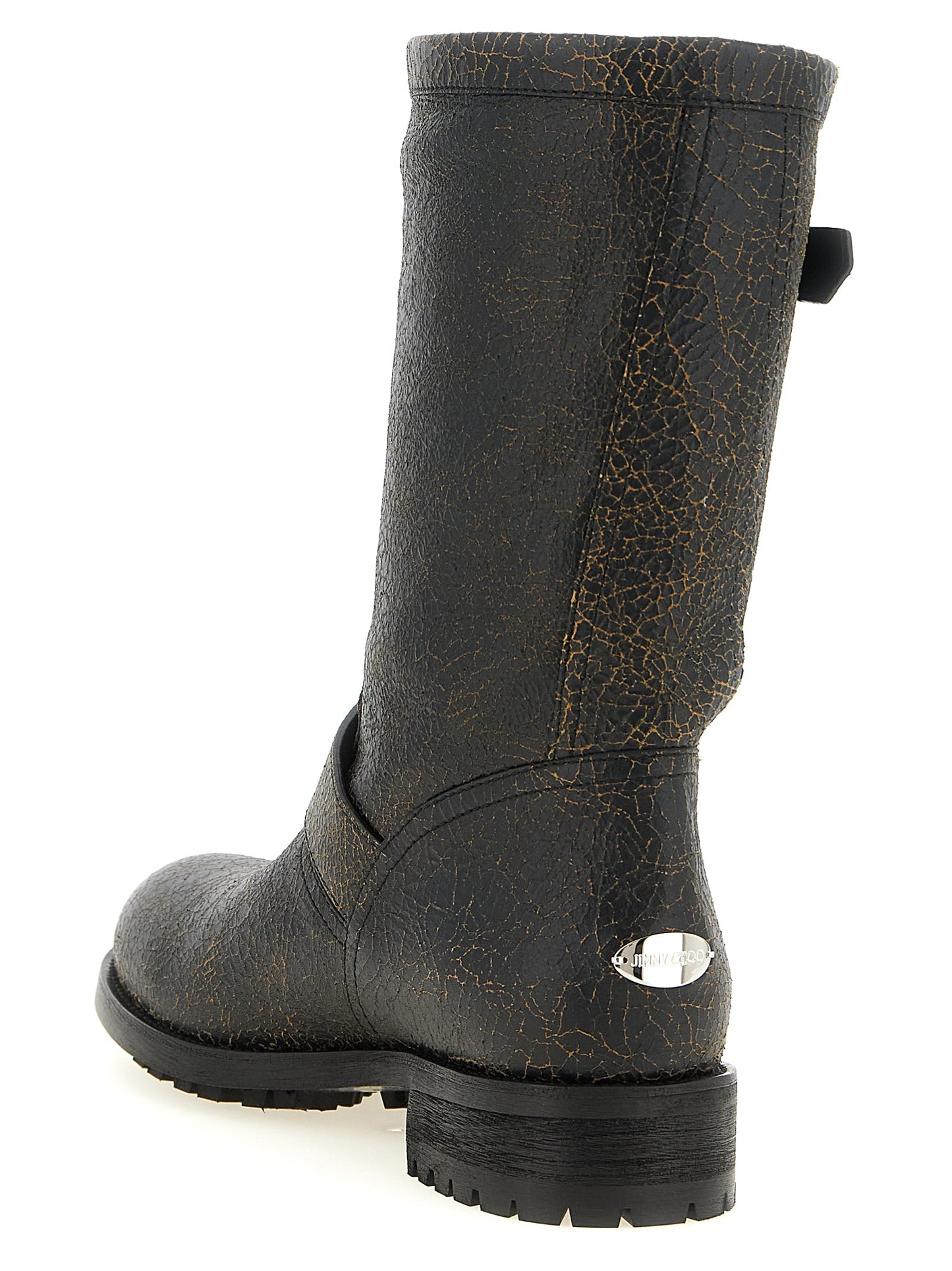 Low-Heel Ankle Biker Mid-Calf Boots by Jimmy Choo for women in calf leather black & silver features an enchanting design from the Women's Calf Leather Low-Heel Ankle Biker Mid-Calf Boots collection, highlighting a enchanting low-heel and for a refined look.