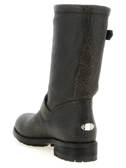 Low-Heel Ankle Biker Mid-Calf Boots by Jimmy Choo for women in calf leather black & silver features an enchanting design from the Women's Calf Leather Low-Heel Ankle Biker Mid-Calf Boots collection, highlighting a enchanting low-heel and for a refined look.