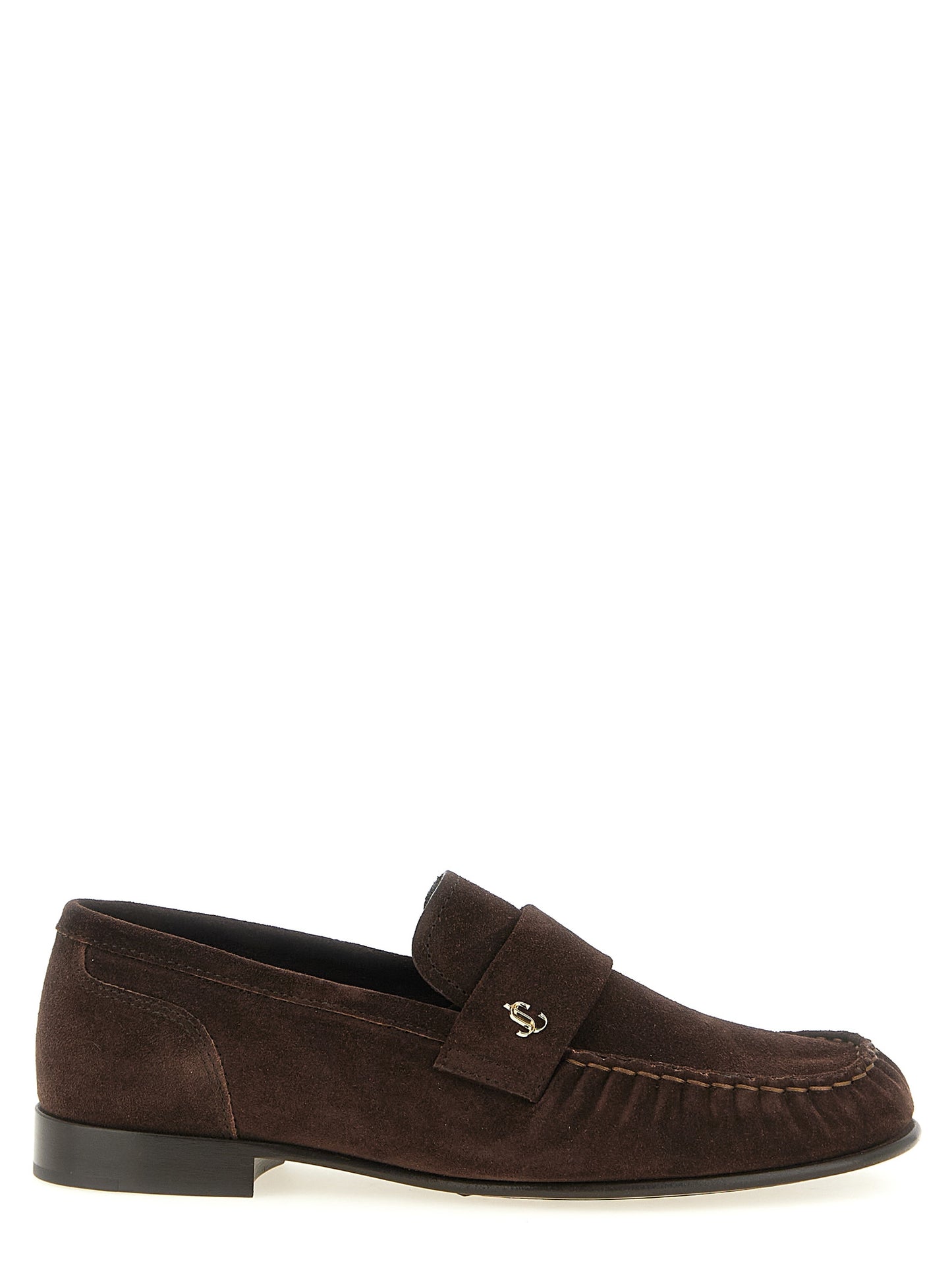Flat Moccasin Moccasins Loafer Slip-On Shoes by Jimmy Choo for women in suede leather brown, gold & monogram features an ergonomic silhouette, perfectly showcasing Women's Suede Leather Flat Moccasin Moccasins Loafer Slip-On Shoes with its distinct flat and elegant .