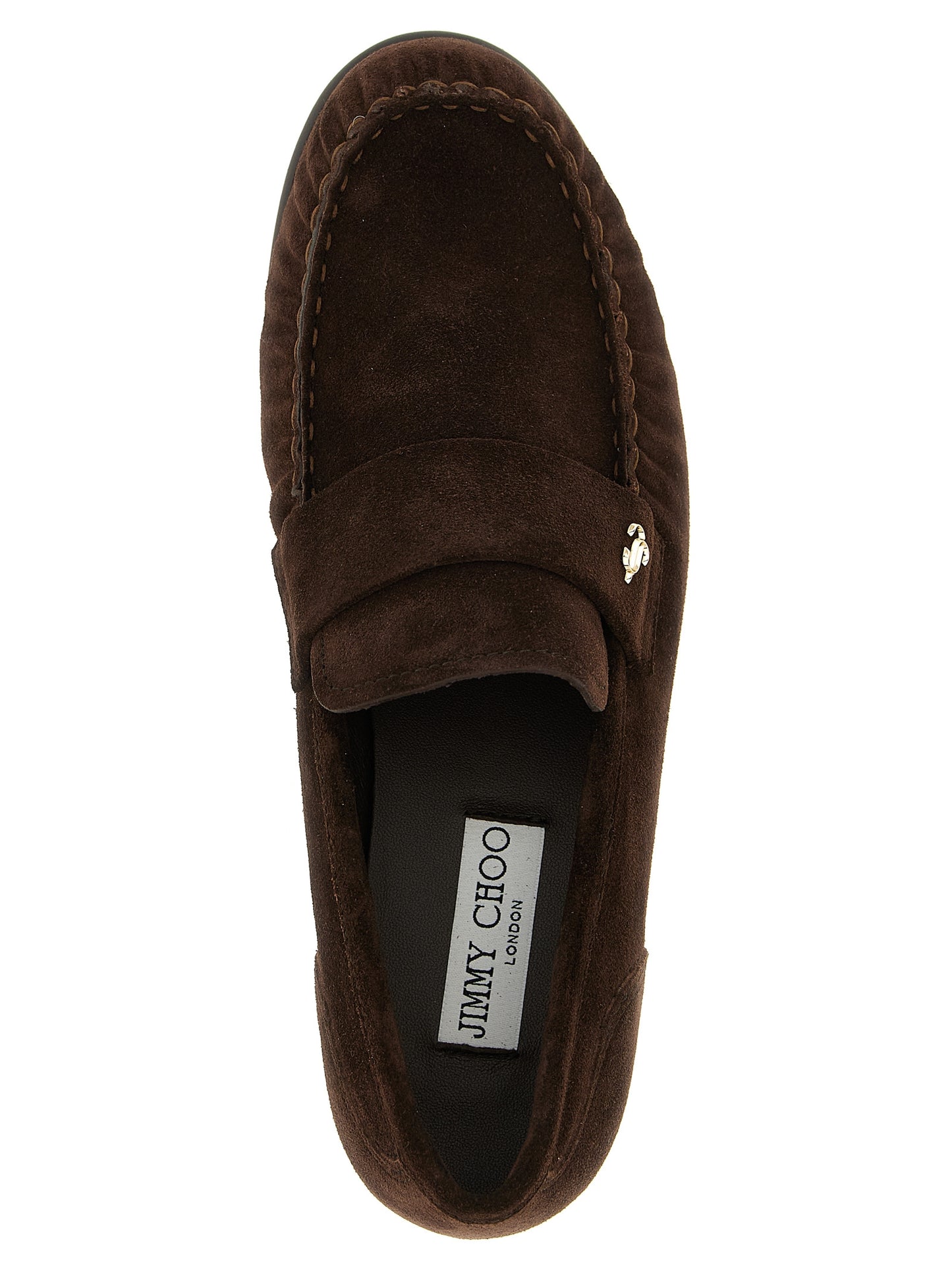 Flat Moccasin Moccasins Loafer Slip-On Shoes by Jimmy Choo for women in suede leather brown, gold & monogram features an dynamic silhouette from the Women's Suede Leather Flat Moccasin Moccasins Loafer Slip-On Shoes collection, defined by a dynamic and flat for a dynamic look.