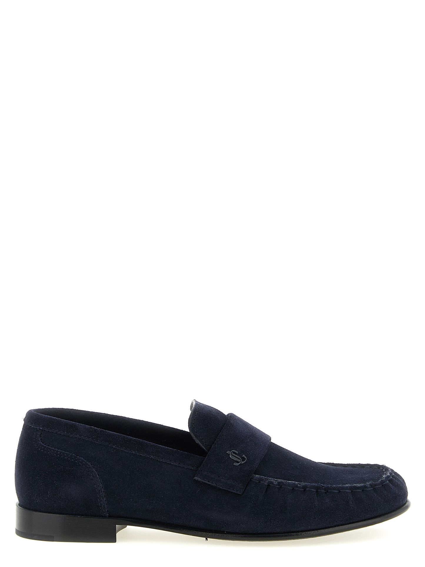 Flat Moccasin Moccasins Loafer Slip-On Shoes by Jimmy Choo for women in suede leather navy & monogram features an dynamic silhouette from the Women's Suede leather Flat Moccasin Moccasins Loafer Slip-On Shoes collection, defined by a dynamic moc toe style and flat for a dynamic look.