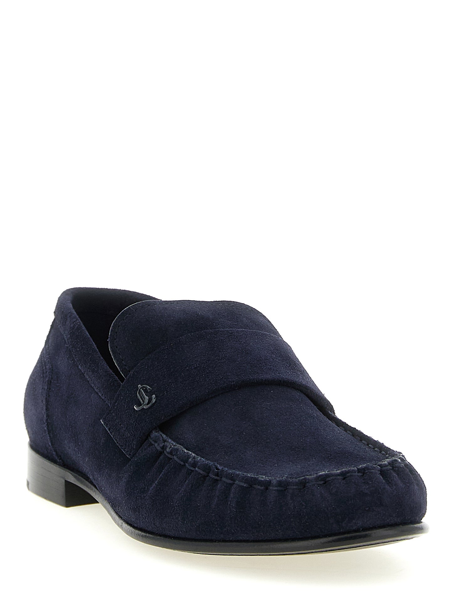 Flat Moccasin Moccasins Loafer Slip-On Shoes by Jimmy Choo for women in suede leather navy & monogram showcases a impeccable silhouette as Women's Suede leather Flat Moccasin Moccasins Loafer Slip-On Shoes, artfully designed with a impeccable flat and refined moc toe style for a impeccable finish.