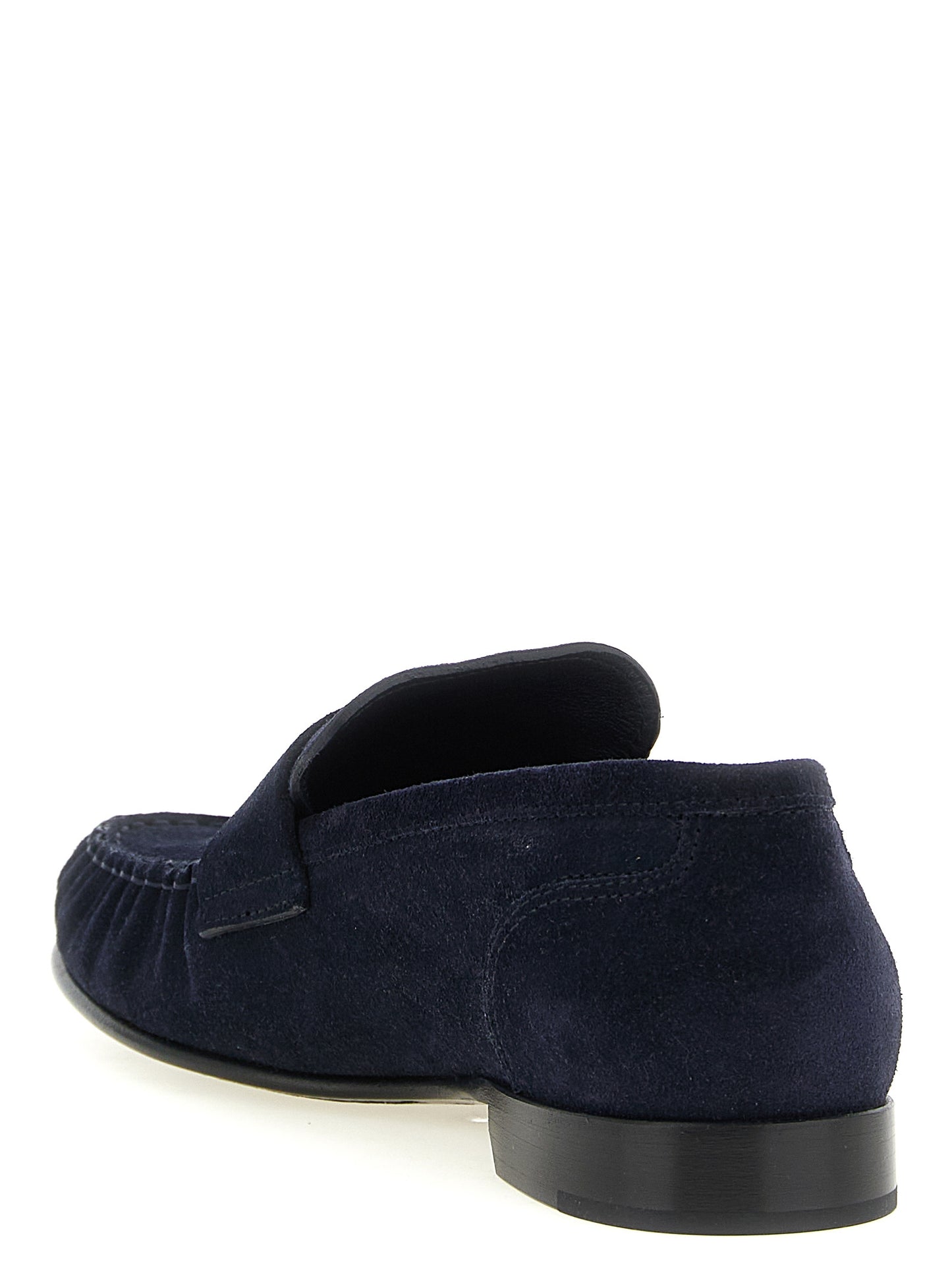 Flat Moccasin Moccasins Loafer Slip-On Shoes by Jimmy Choo for women in suede leather navy & monogram features an effortless chic silhouette, showcasing the Women's Suede leather Flat Moccasin Moccasins Loafer Slip-On Shoes design with an effortless chic flat and a moc toe style for a effortless chic look.