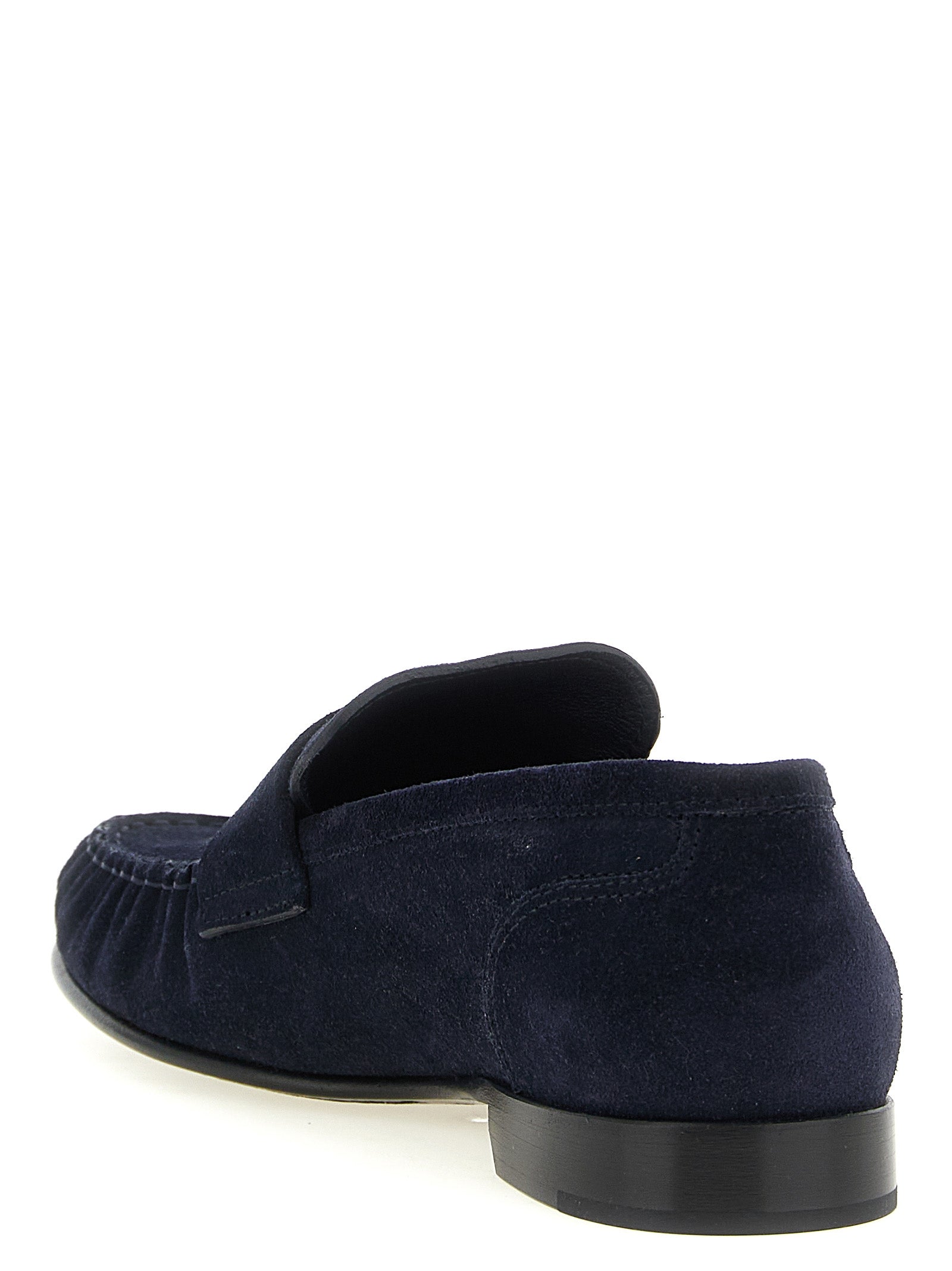 Flat Moccasin Moccasins Loafer Slip-On Shoes by Jimmy Choo for women in suede leather navy & monogram features an effortless chic silhouette, showcasing the Women's Suede leather Flat Moccasin Moccasins Loafer Slip-On Shoes design with an effortless chic flat and a moc toe style for a effortless chic look.