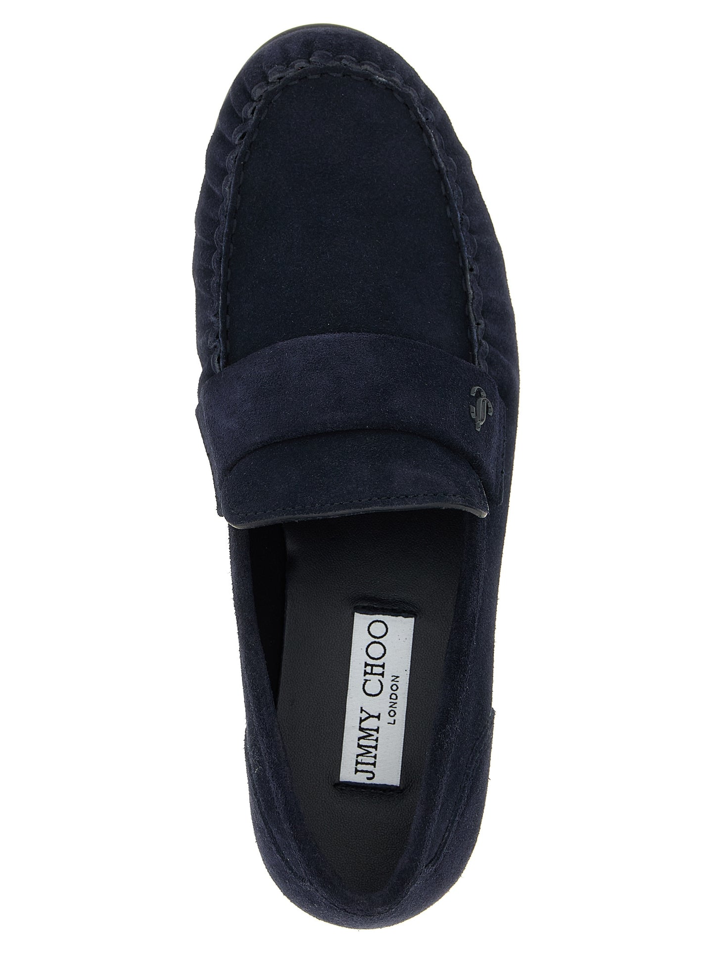 Flat Moccasin Moccasins Loafer Slip-On Shoes by Jimmy Choo for women in suede leather navy & monogram features an ergonomic silhouette, perfectly showcasing Women's Suede leather Flat Moccasin Moccasins Loafer Slip-On Shoes with its distinct flat and elegant moc toe style.