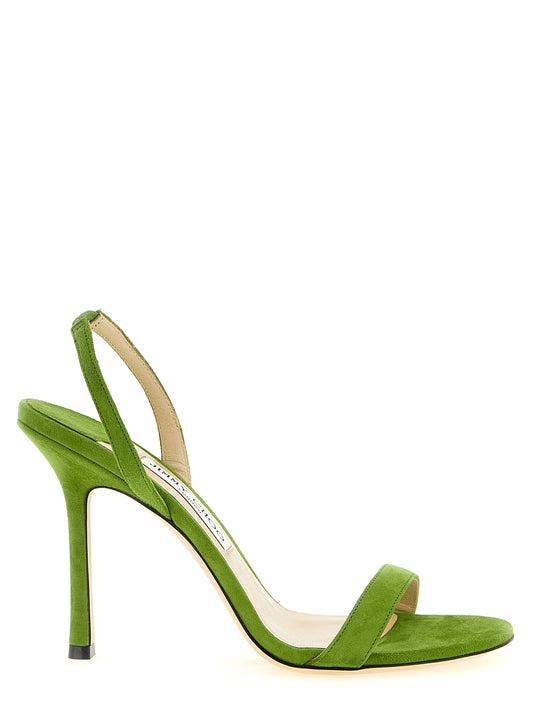 Stiletto Slingback Sandals by Jimmy Choo for women in suede leather bicolour & green features an effortlessly chic silhouette from the Clover Women's Suede Leather Stiletto Slingback Sandals collection, showcasing a effortlessly chic stiletto and elegant round toe style.