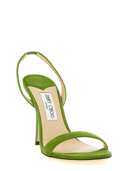 Stiletto Slingback Sandals by Jimmy Choo for women in suede leather bicolour & green features an statuesque Clover Women's Suede Leather Stiletto Slingback Sandals silhouette with a refined stiletto and elegant round toe style.