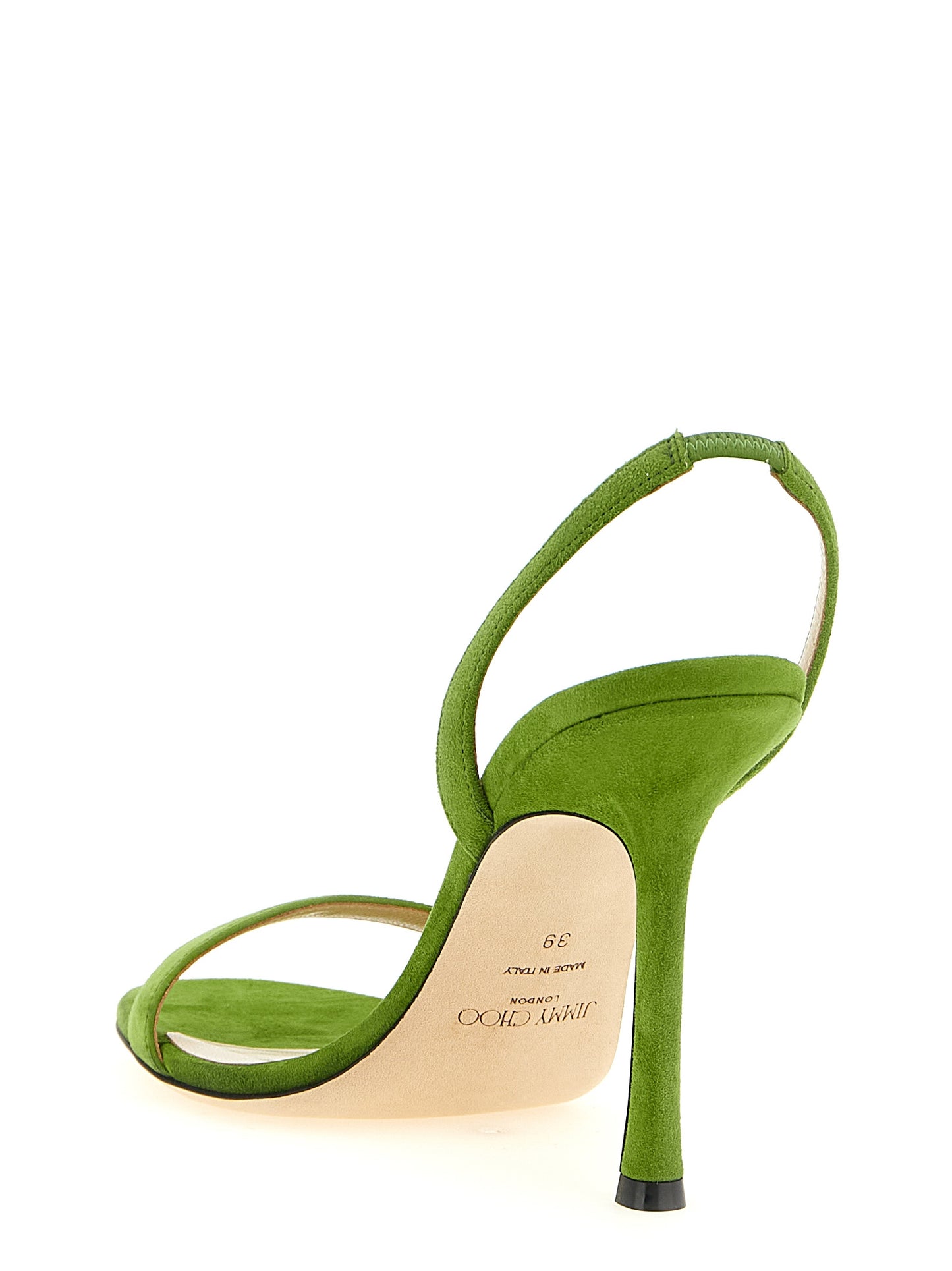 Stiletto Slingback Sandals by Jimmy Choo for women in suede leather bicolour & green features an statuesque Clover Women's Suede Leather Stiletto Slingback Sandals silhouette with a refined stiletto and elegant round toe style.