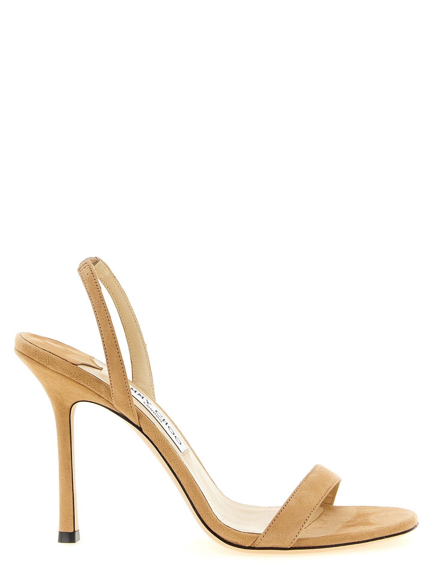 Stiletto Slingback Sandals by Jimmy Choo for women in suede leather beige features an exquisite silhouette, showcasing the exquisite Women's Suede Leather Stiletto Slingback Sandals with a stiletto and round toe style.